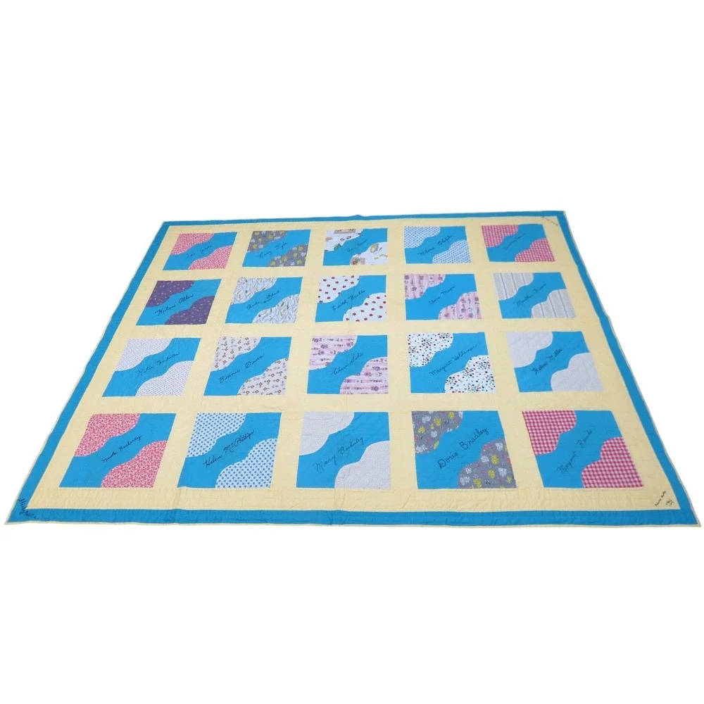 Vintage 1965‎ Handmade Friendship Quilt Embroidered Signed Patchwork Blue Yellow